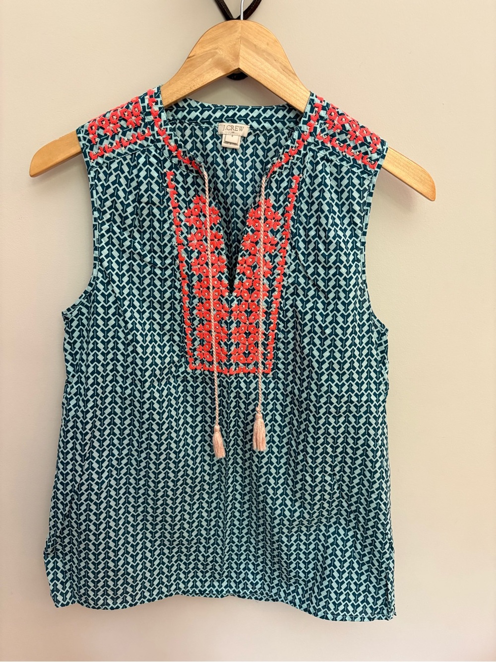 J.Crew Embroidered Boho Sleeveless Top Blouse Teal Navy Coral Size 4